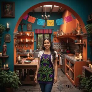 Purple flowered Mexican apron 28 x 21 inches ties top and back Alcatrazes